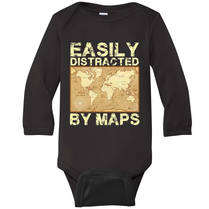 Funny Geography Teacher Easily Distracted By Maps Baby Long Sleeve Bodysuit