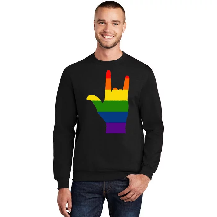 FUN GAY TEE. LGBTQ HAND LOVE SIGN LAUNGUAGE I LOVE YOU ROCK Tall Sweatshirt