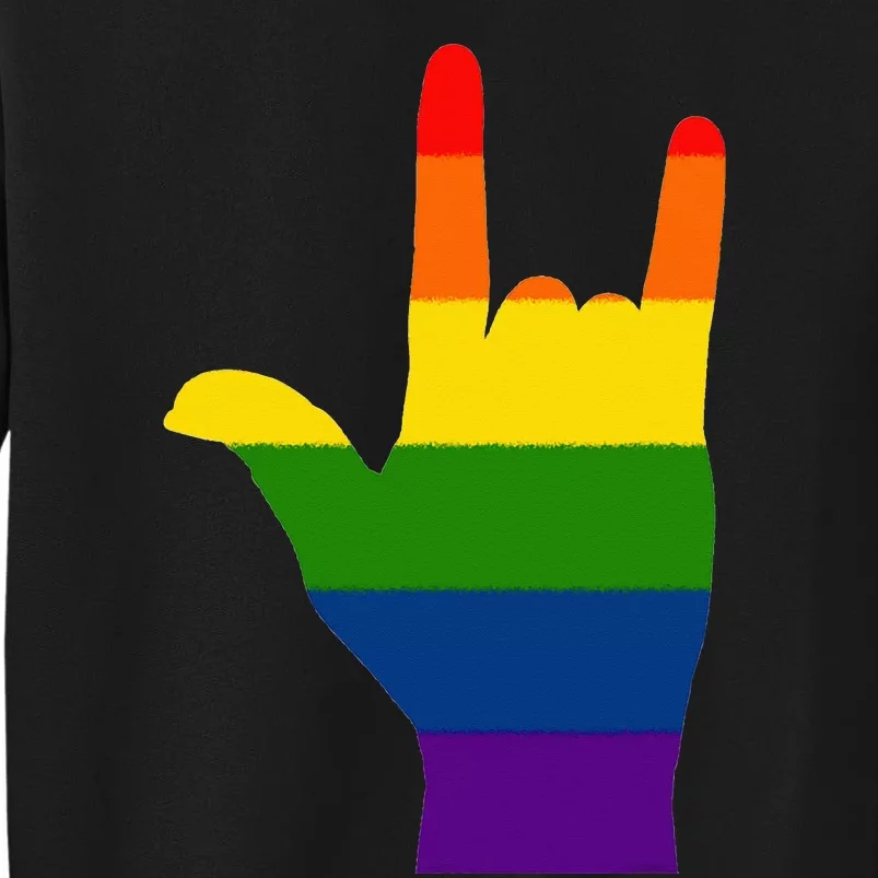 FUN GAY TEE. LGBTQ HAND LOVE SIGN LAUNGUAGE I LOVE YOU ROCK Tall Sweatshirt