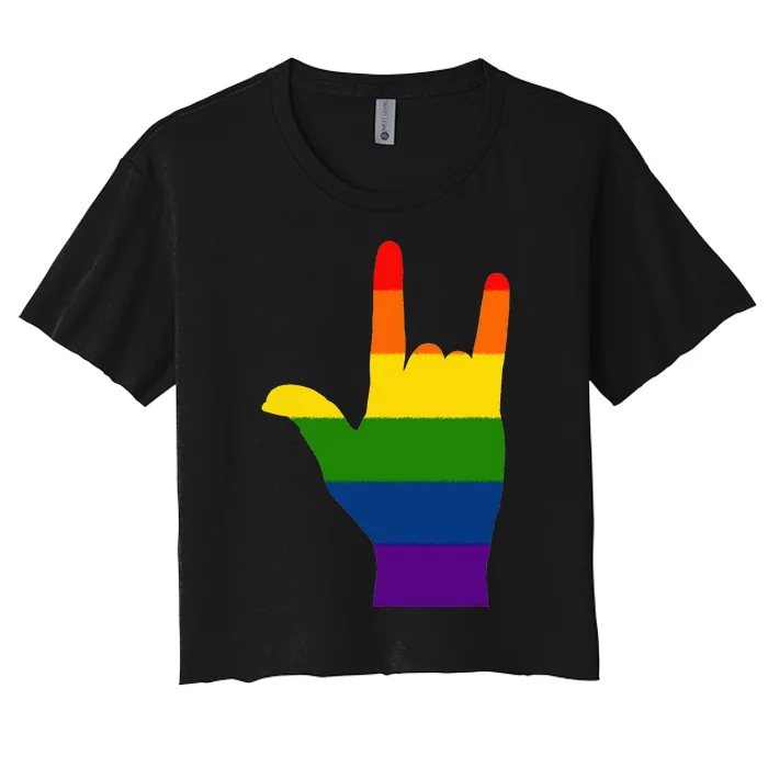 FUN GAY TEE. LGBTQ HAND LOVE SIGN LAUNGUAGE I LOVE YOU ROCK Women's Crop Top Tee