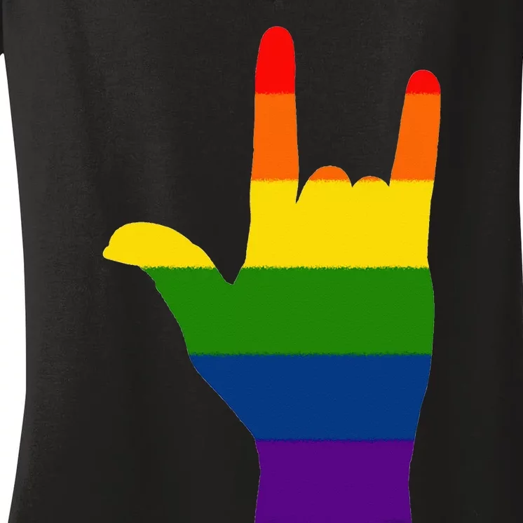 FUN GAY TEE. LGBTQ HAND LOVE SIGN LAUNGUAGE I LOVE YOU ROCK Women's V-Neck T-Shirt