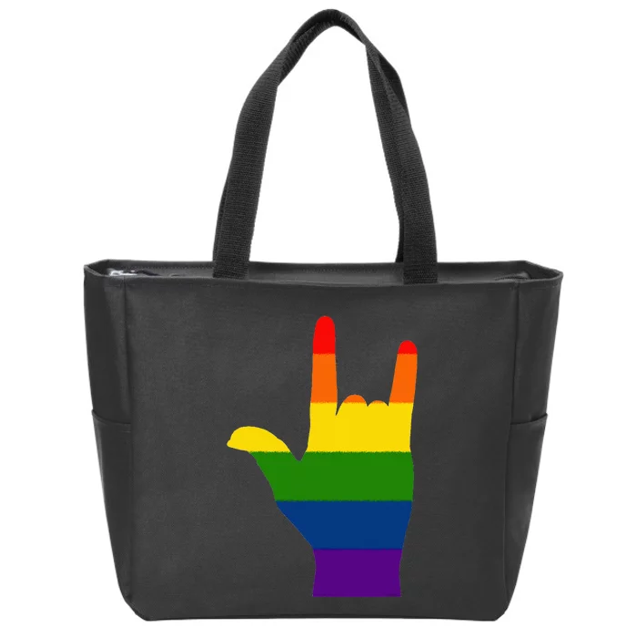 FUN GAY TEE. LGBTQ HAND LOVE SIGN LAUNGUAGE I LOVE YOU ROCK Zip Tote Bag