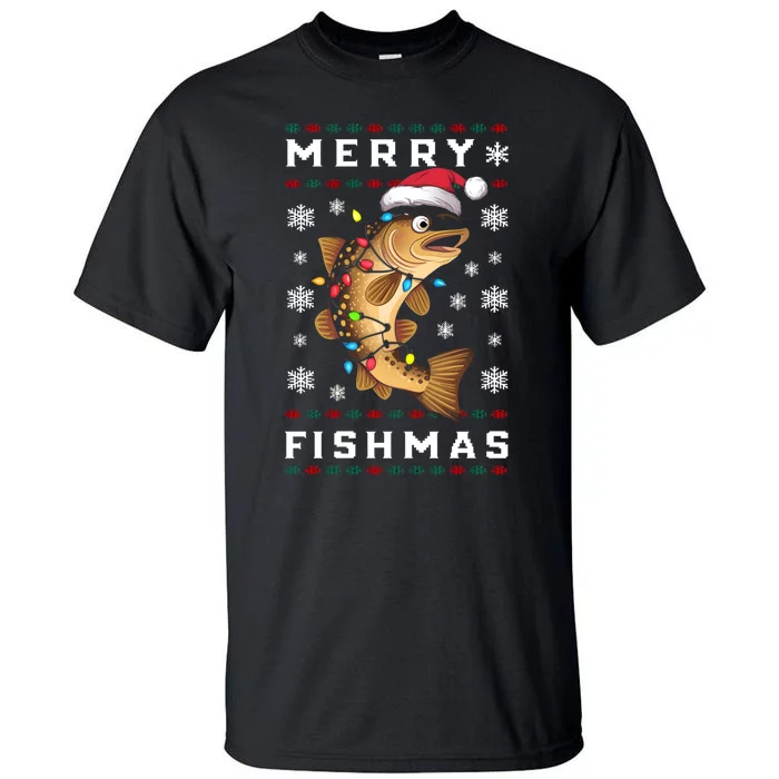 Funny Gift Ugly Christmas Fishing Trout Fish Merry Fishmas Tall T-Shirt