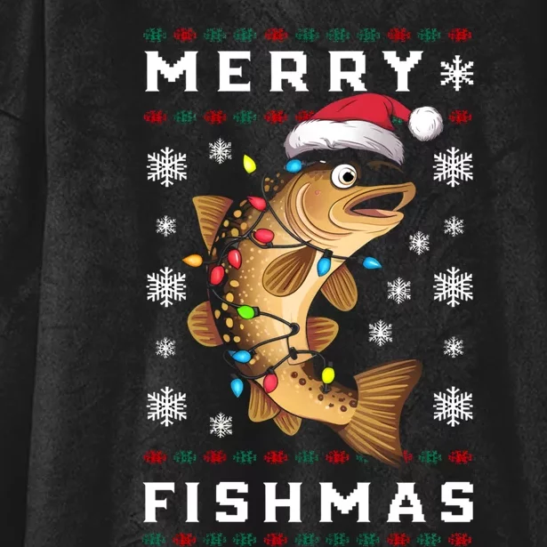 Funny Gift Ugly Christmas Fishing Trout Fish Merry Fishmas Hooded Wearable Blanket