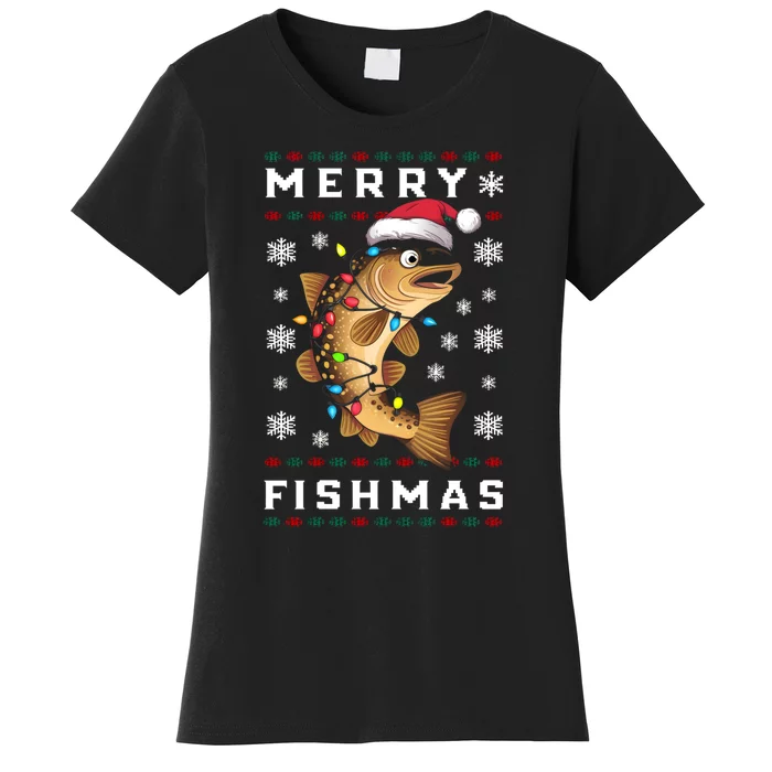 Funny Gift Ugly Christmas Fishing Trout Fish Merry Fishmas Women's T-Shirt