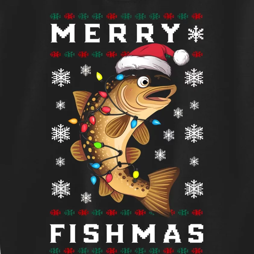 Funny Gift Ugly Christmas Fishing Trout Fish Merry Fishmas Kids Sweatshirt