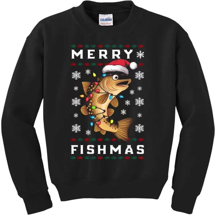 Funny Gift Ugly Christmas Fishing Trout Fish Merry Fishmas Kids Sweatshirt