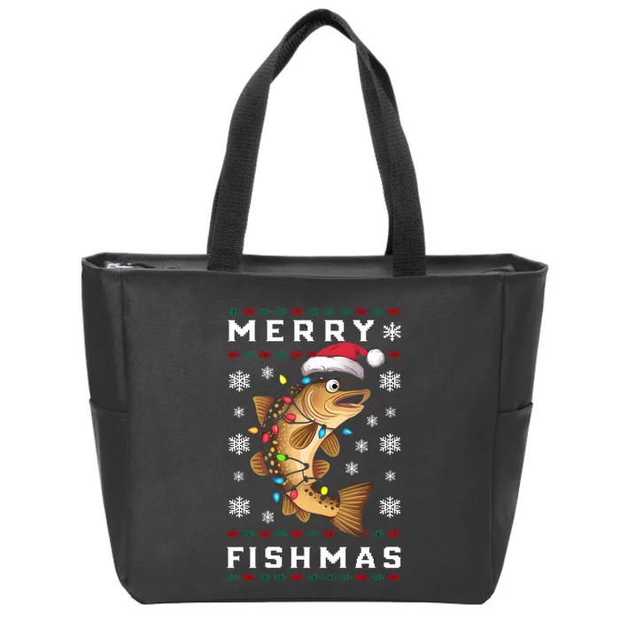 Funny Gift Ugly Christmas Fishing Trout Fish Merry Fishmas Zip Tote Bag