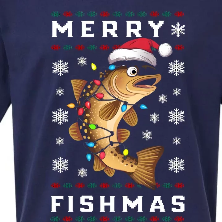 Funny Gift Ugly Christmas Fishing Trout Fish Merry Fishmas Sueded Cloud Jersey T-Shirt