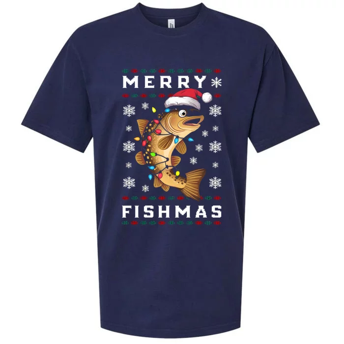 Funny Gift Ugly Christmas Fishing Trout Fish Merry Fishmas Sueded Cloud Jersey T-Shirt