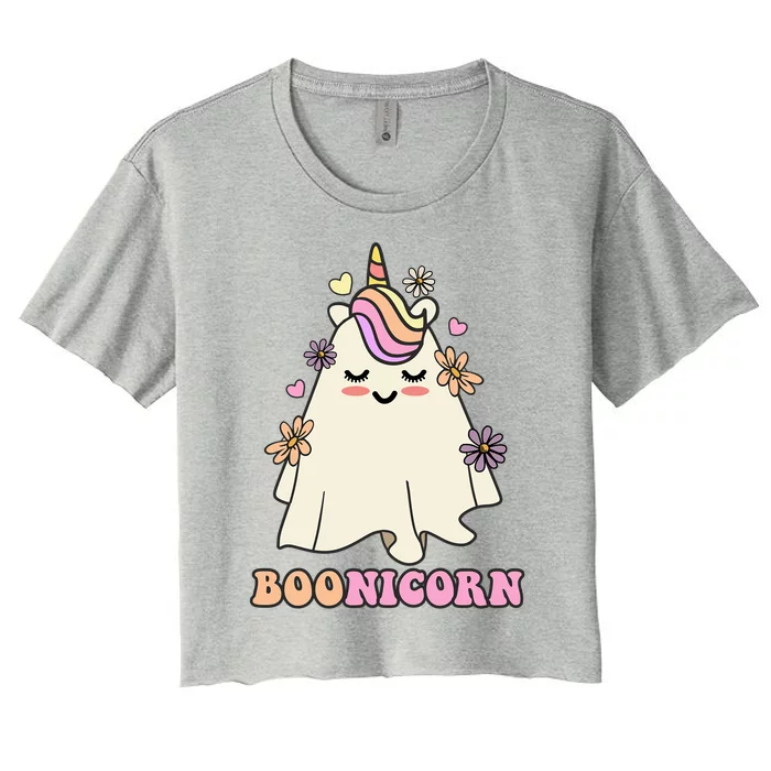 Floral Ghost Unicorn Boonicorn Rainbow Hair Groovy Halloween Gift Women's Crop Top Tee