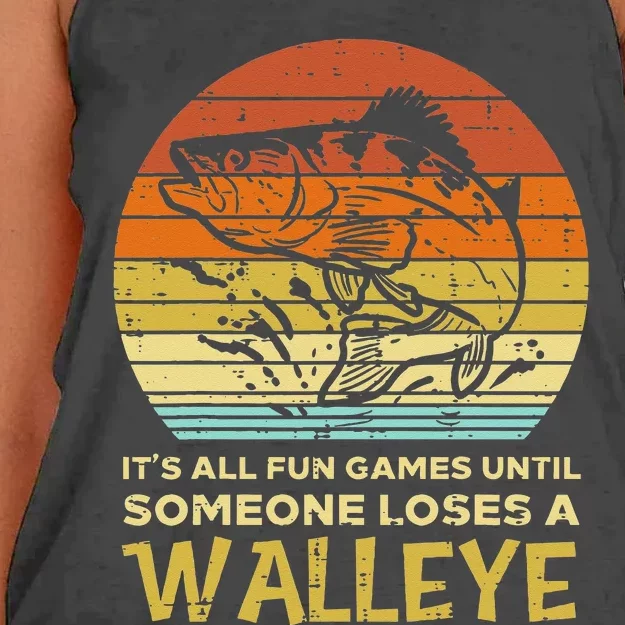 Fun Games Until Someone Loses Walleye Retro Ice Fishing Dad Women's Knotted Racerback Tank