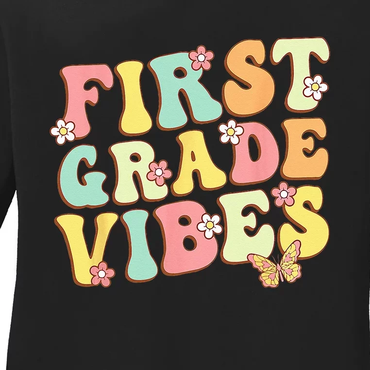 First Grade Vibes Hello Team 1st Grade Teacher Retro Ladies Long Sleeve Shirt