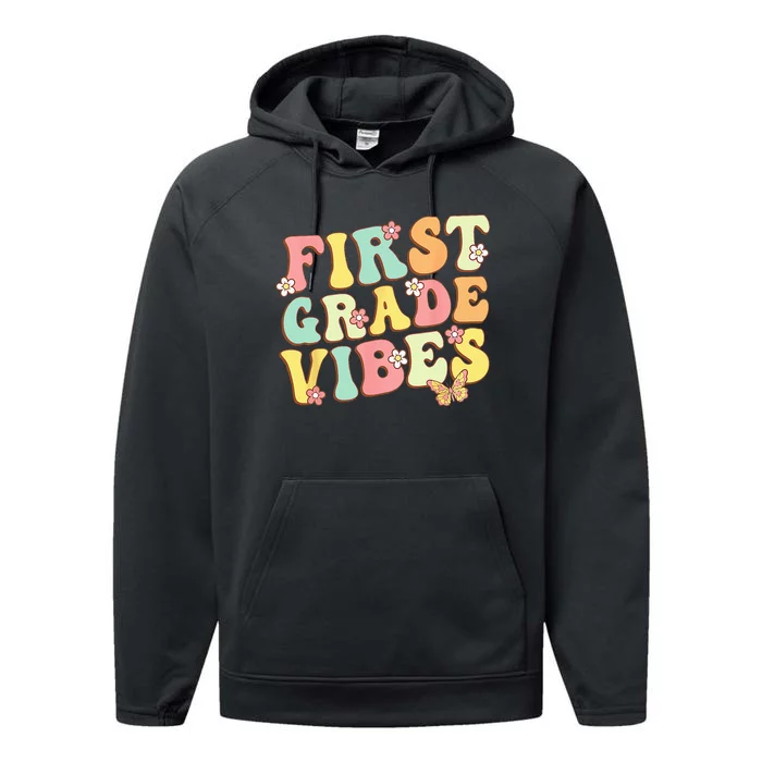 First Grade Vibes Hello Team 1st Grade Teacher Retro Performance Fleece Hoodie