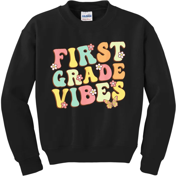 First Grade Vibes Hello Team 1st Grade Teacher Retro Kids Sweatshirt