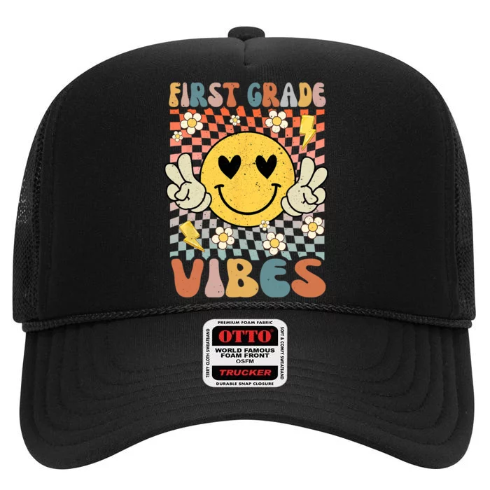 First Grade Vibes 1st Grade Retro Teacher 1st Day Of School High Crown Mesh Trucker Hat