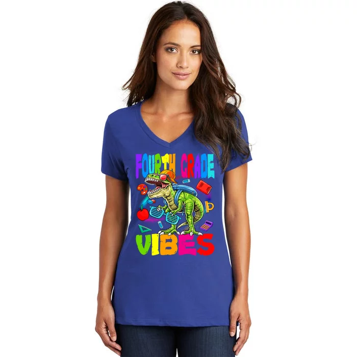 Fourth Grade Vibes Dinosaur Back To School Gift Women's V-Neck T-Shirt