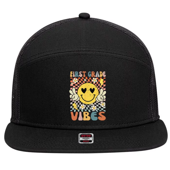 First Grade Vibes 1st Grade Retro Teacher 1st Day of School 7 Panel Mesh Trucker Snapback Hat