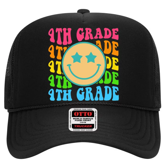 Fourth Grade Vibes Face Groovy Teachers Back To School High Crown Mesh Trucker Hat