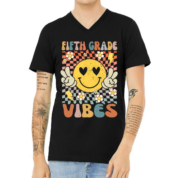 Fifth Grade Vibes 5th Grade Retro Teacher 1st Day Of School V-Neck T-Shirt