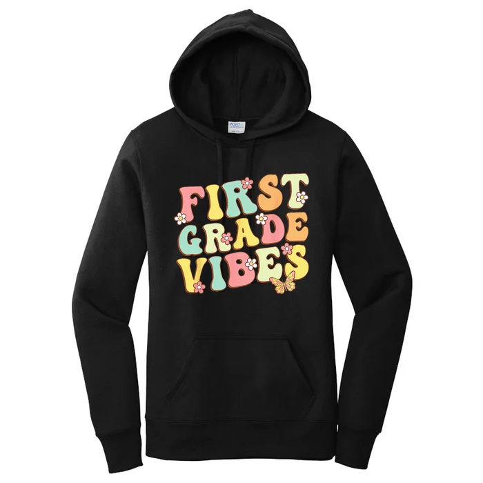 First Grade Vibes Hello Team 1st Grade Teacher Kids Retro Women's Pullover Hoodie