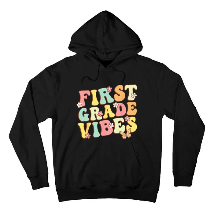 First Grade Vibes Hello Team 1st Grade Teacher Kids Retro Tall Hoodie