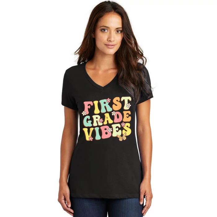 First Grade Vibes Hello Team 1st Grade Teacher Kids Retro Women's V-Neck T-Shirt