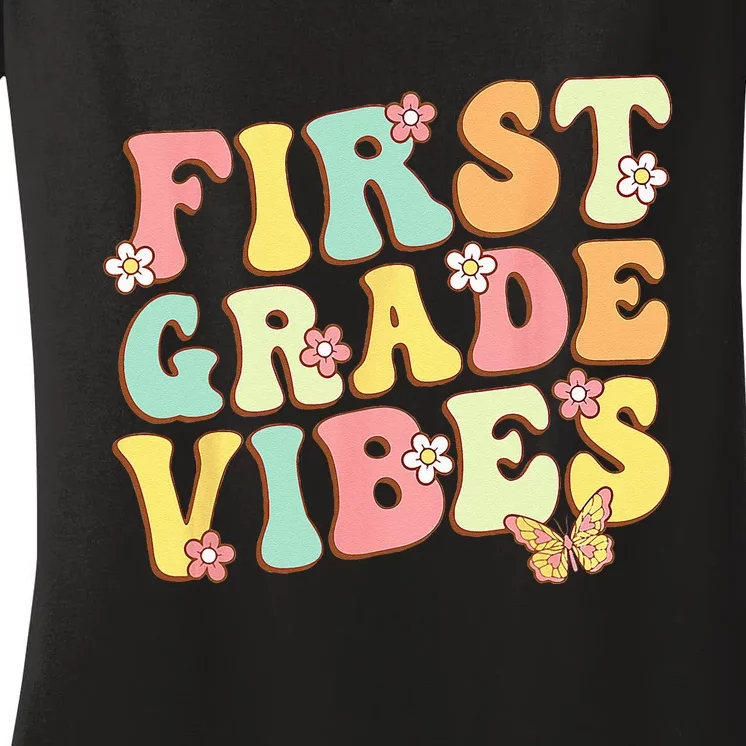 First Grade Vibes Hello Team 1st Grade Teacher Kids Retro Women's V-Neck T-Shirt