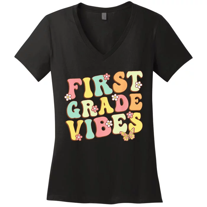 First Grade Vibes Hello Team 1st Grade Teacher Kids Retro Women's V-Neck T-Shirt