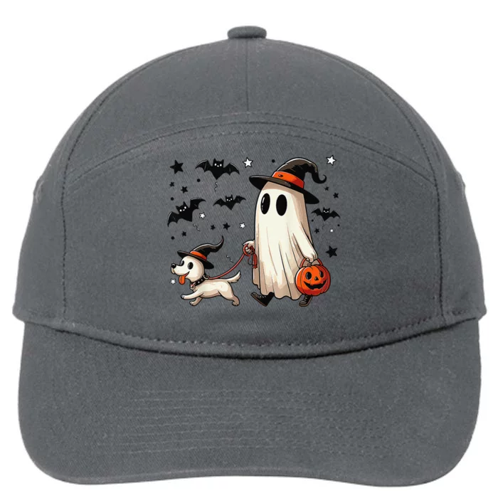 Funny Ghost Walking Dog Spooky Season Halloween Coquette Gift 7-Panel Snapback Hat