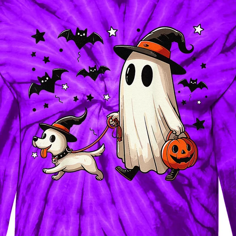 Funny Ghost Walking Dog Spooky Season Halloween Coquette Gift Tie-Dye Long Sleeve Shirt