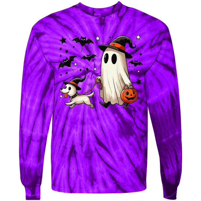 Funny Ghost Walking Dog Spooky Season Halloween Coquette Gift Tie-Dye Long Sleeve Shirt