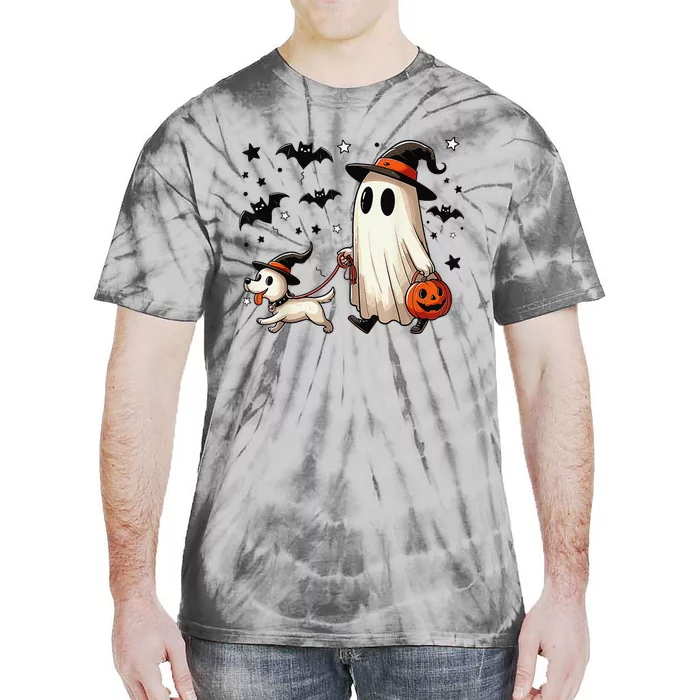 Funny Ghost Walking Dog Spooky Season Halloween Coquette Gift Tie-Dye T-Shirt