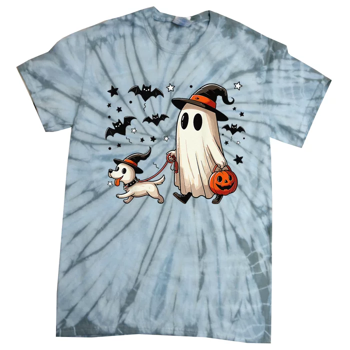 Funny Ghost Walking Dog Spooky Season Halloween Coquette Gift Tie-Dye T-Shirt