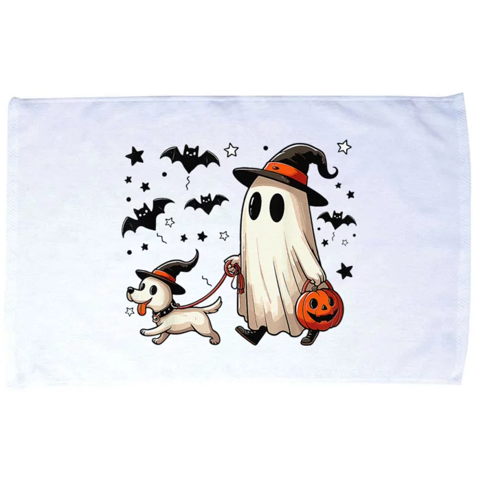 Funny Ghost Walking Dog Spooky Season Halloween Coquette Gift Microfiber Hand Towel