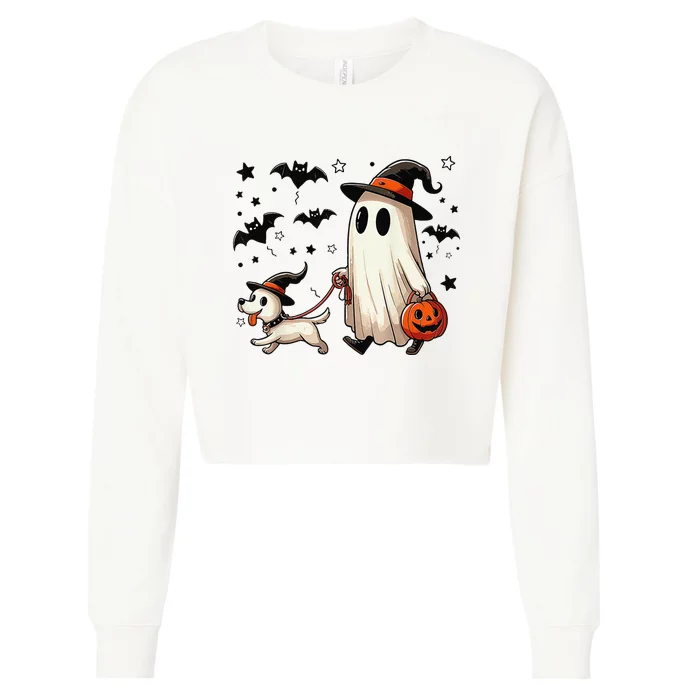 Funny Ghost Walking Dog Spooky Season Halloween Coquette Gift Cropped Pullover Crew