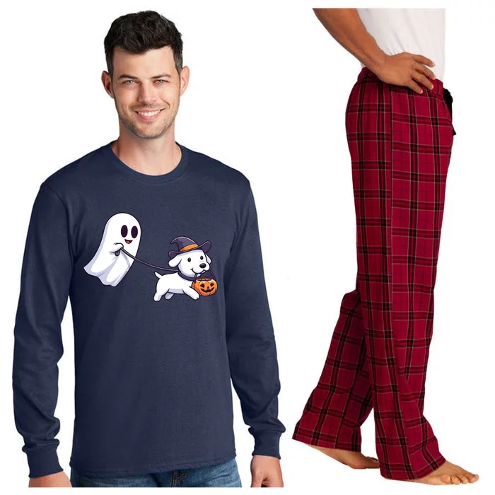 Funny Ghost Walking Dog Ghost Dog Halloween Night Long Sleeve Pajama Set