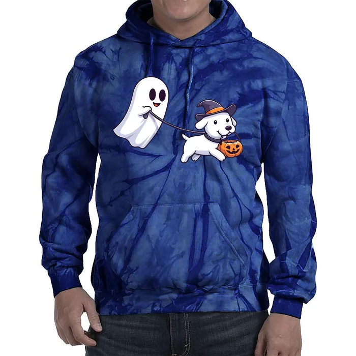 Funny Ghost Walking Dog Ghost Dog Halloween Night Tie Dye Hoodie