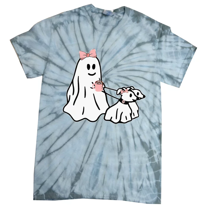 Funny Ghost Walking Dog Spooky Season Halloween Coquette Tie-Dye T-Shirt