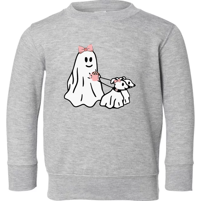 Funny Ghost Walking Dog Spooky Season Halloween Coquette Toddler Sweatshirt