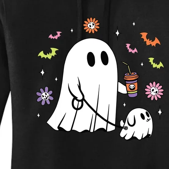 Funny Ghost Walking Dog Spooky Ghost Coffee Halloween Dog Women's Pullover Hoodie