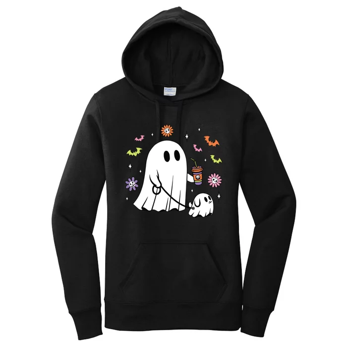 Funny Ghost Walking Dog Spooky Ghost Coffee Halloween Dog Women's Pullover Hoodie