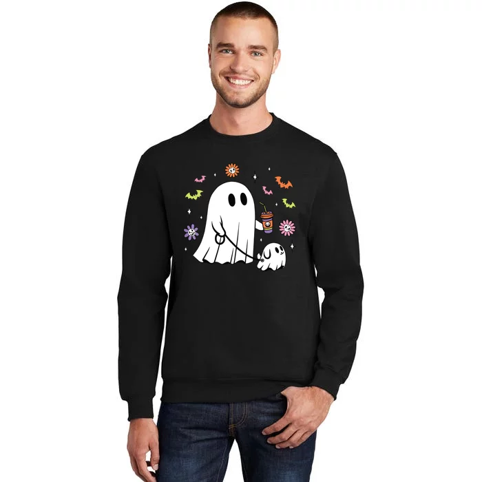 Funny Ghost Walking Dog Spooky Ghost Coffee Halloween Dog Tall Sweatshirt