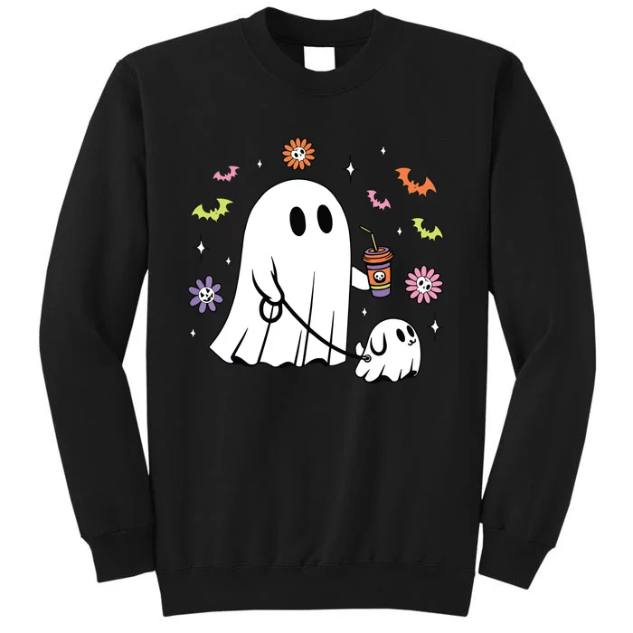 Funny Ghost Walking Dog Spooky Ghost Coffee Halloween Dog Tall Sweatshirt