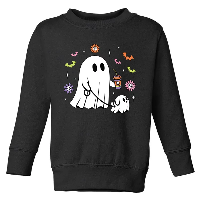 Funny Ghost Walking Dog Spooky Ghost Coffee Halloween Dog Toddler Sweatshirt