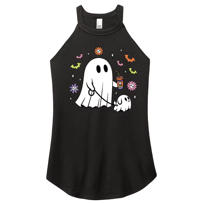 Funny Ghost Walking Dog Spooky Ghost Coffee Halloween Dog Women’s Perfect Tri Rocker Tank