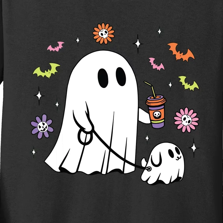 Funny Ghost Walking Dog Spooky Ghost Coffee Halloween Dog Kids Long Sleeve Shirt