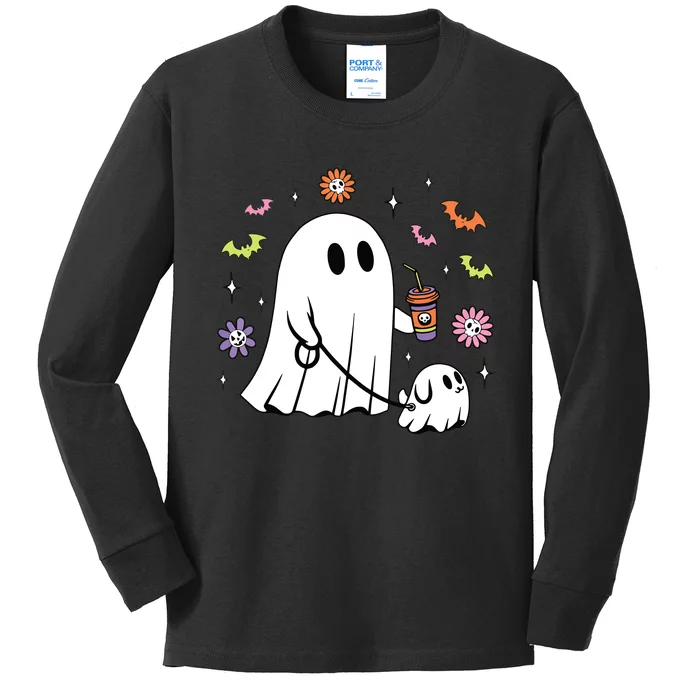 Funny Ghost Walking Dog Spooky Ghost Coffee Halloween Dog Kids Long Sleeve Shirt