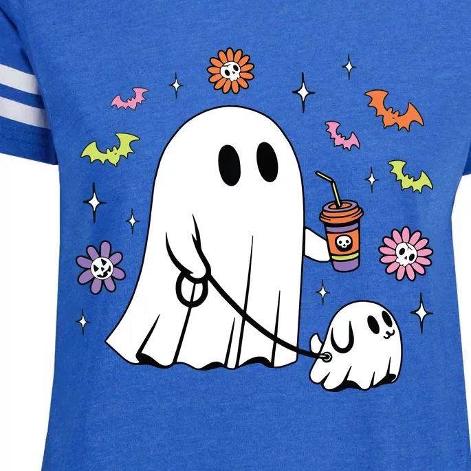 Funny Ghost Walking Dog Spooky Ghost Coffee Halloween Dog Enza Ladies Jersey Football T-Shirt