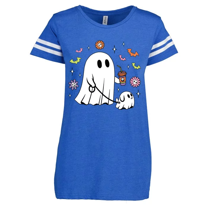 Funny Ghost Walking Dog Spooky Ghost Coffee Halloween Dog Enza Ladies Jersey Football T-Shirt